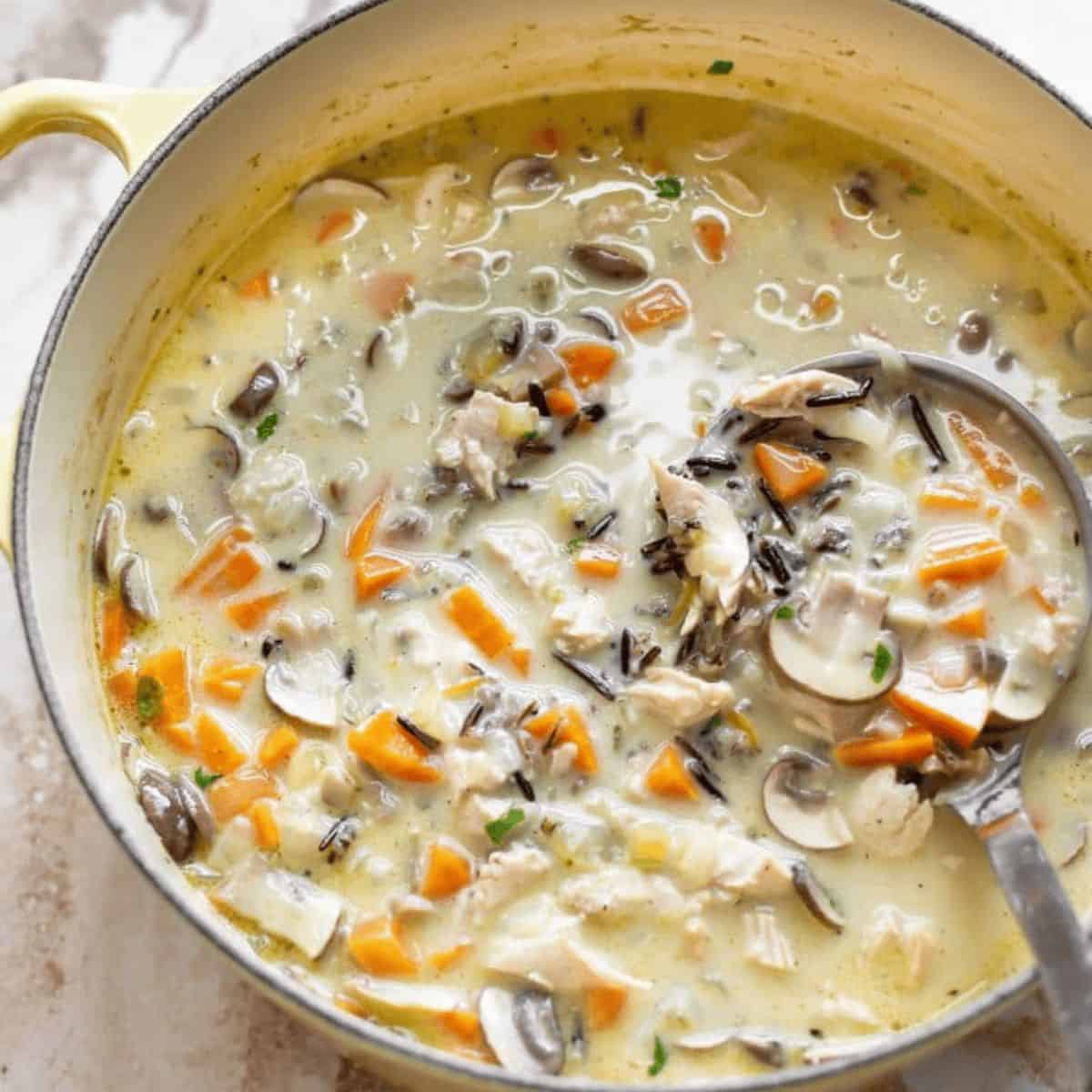 A yummy wild rice soup featuring leftover turkey wild rice soup.