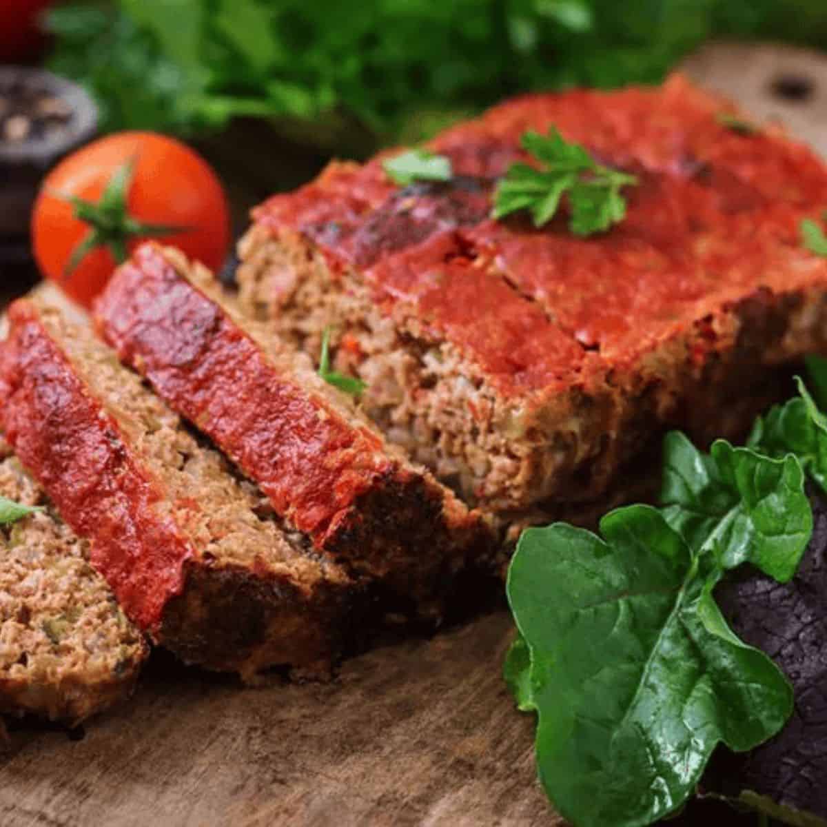 Old-fashioned meatloaf with some parsley as a garnish and a fresh tomato on the side.