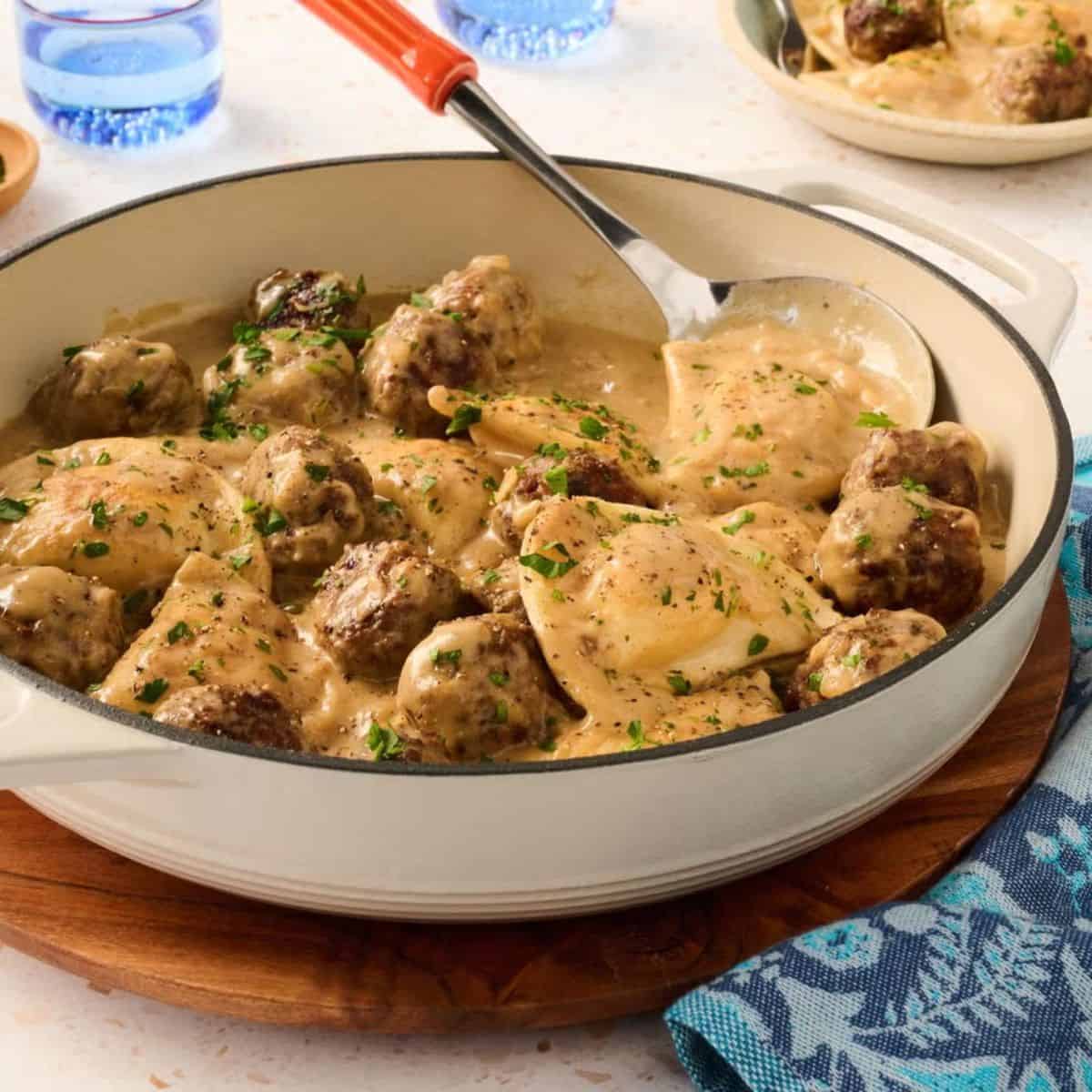 A yummy and appetizing pierogi and meatball skillet for you to enjoy!