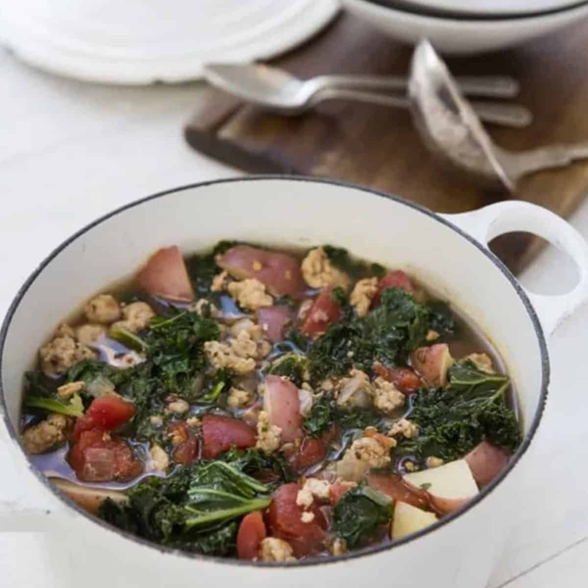 A yummy treat with sausage, potato and kale soup. 