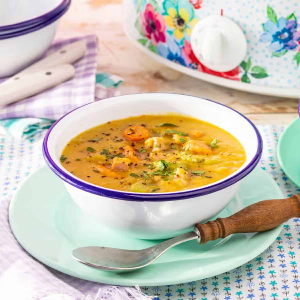 A warm and comforting dish featuring slow cooker split pea soup. 