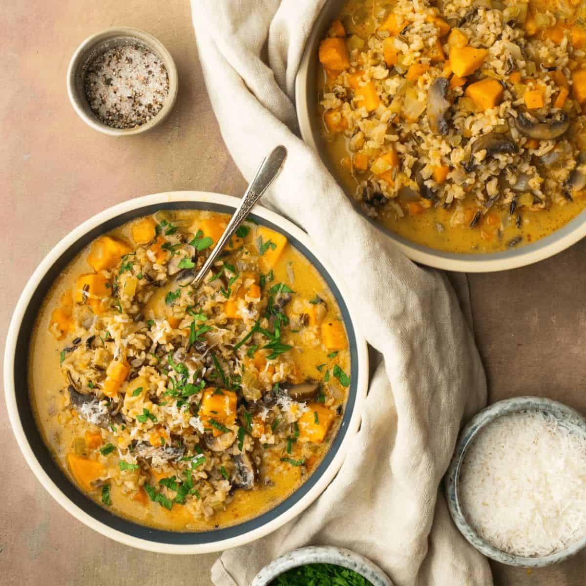 A yummy wild rice soup featuring sweet potato mushroom and wild rice soup.