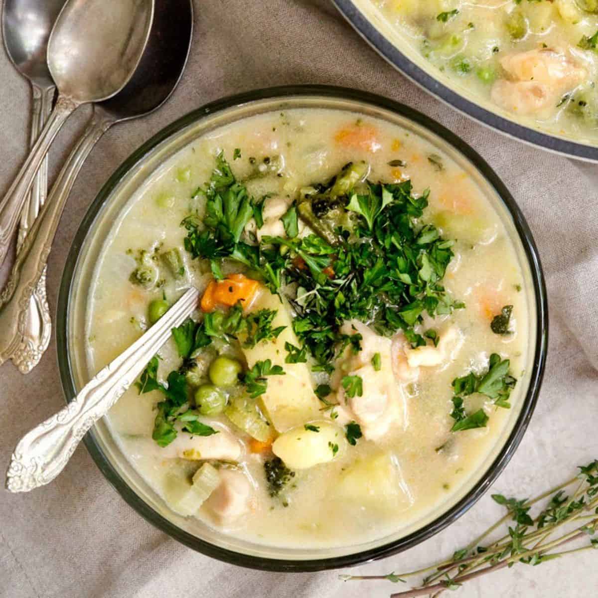 A warm and comforting dish featuring chicken pot pie soup. 