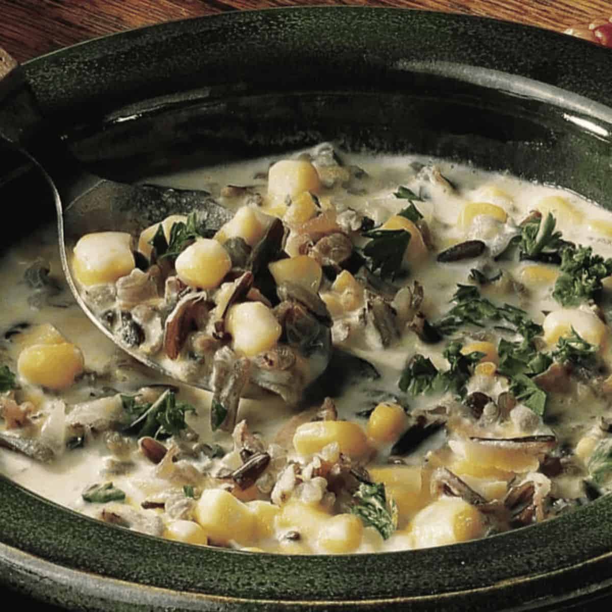 A comforting delight with wild rice corn soup.
