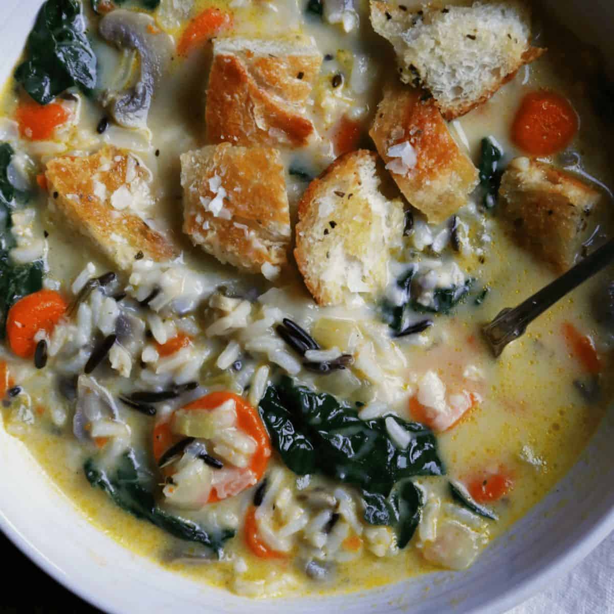 A yummy treat with wild rice and kale soup.