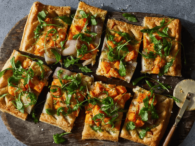 A delicious butternut squash recipe featuring winter squash and shallot tart.