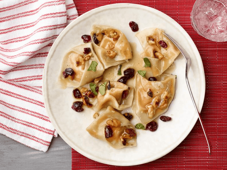 A scrumptious meal with butternut squash tortellini with brown butter sauce.
