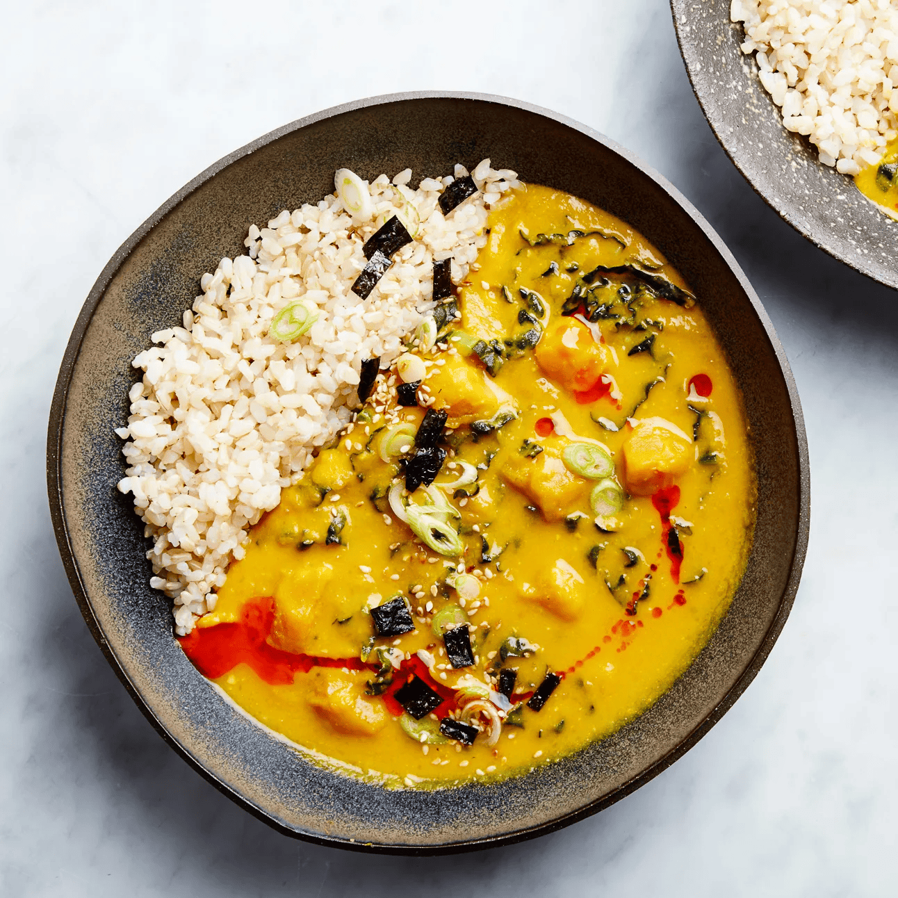 A scrumptious meal with miso tahini squash sosup with brown rice.