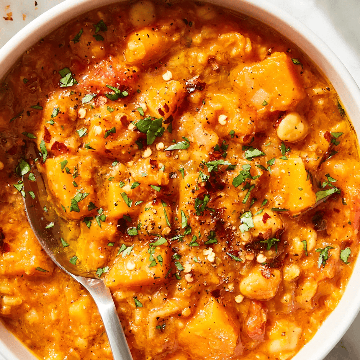 A scrumptious meal with butternut squash stew and moroccan chickpea.