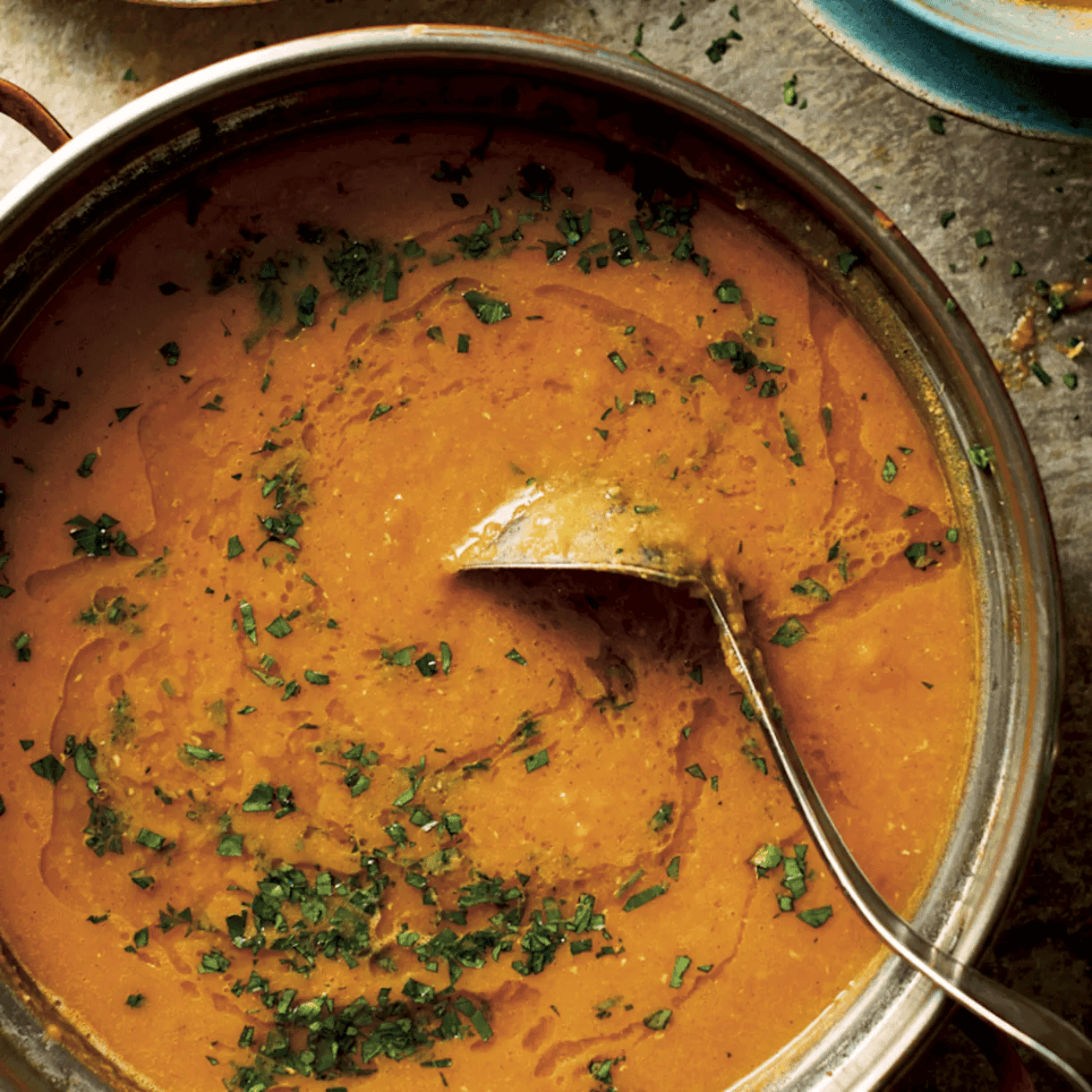 A scrumptious meal with red lentil and squash soup with za'atar croutons.