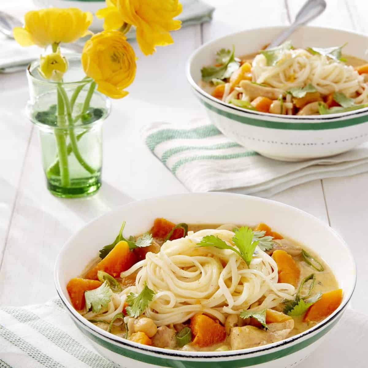 A warming delight featuring butternut squash apricot chicken noodle soup.