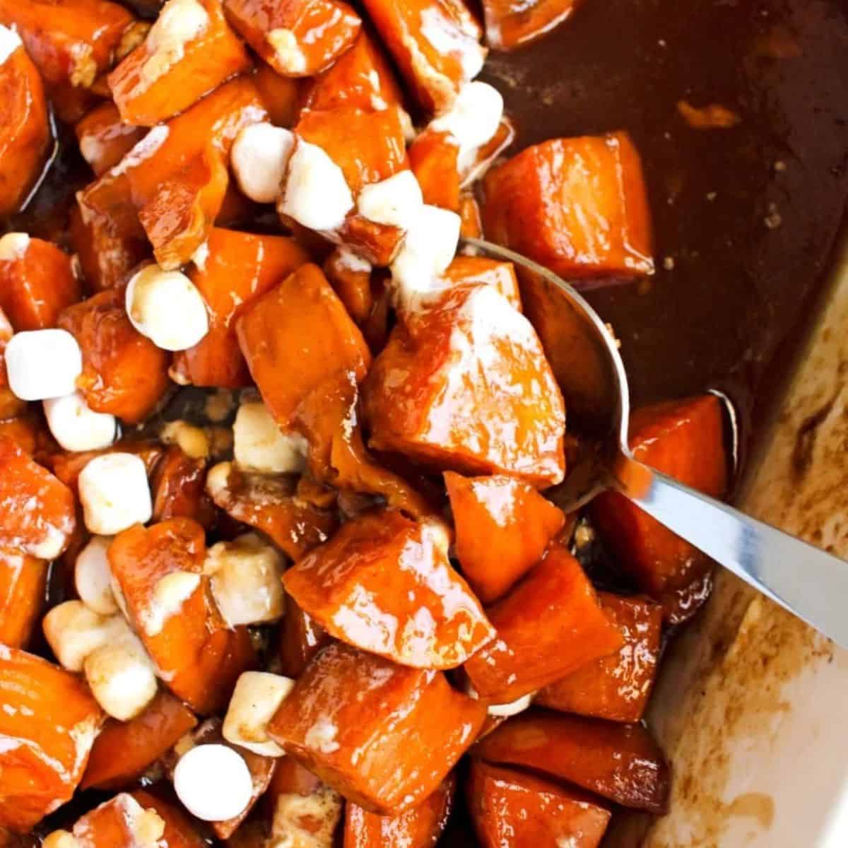 Delicious candied sweet potatoes with marshmallows for you to devour.