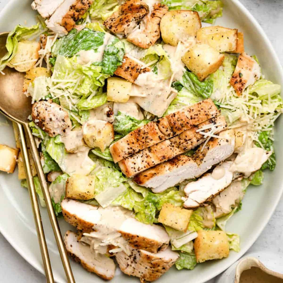 Chicken caeser salad with dairy based dressing with a steel spoon in a white plate. 