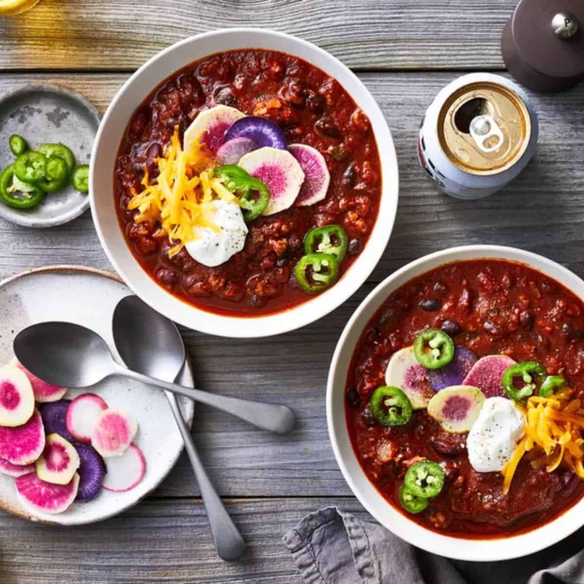 A hearty bowl of Classic Beef Chili with tender ground beef, beans, tomatoes, and a blend of savory spices.
