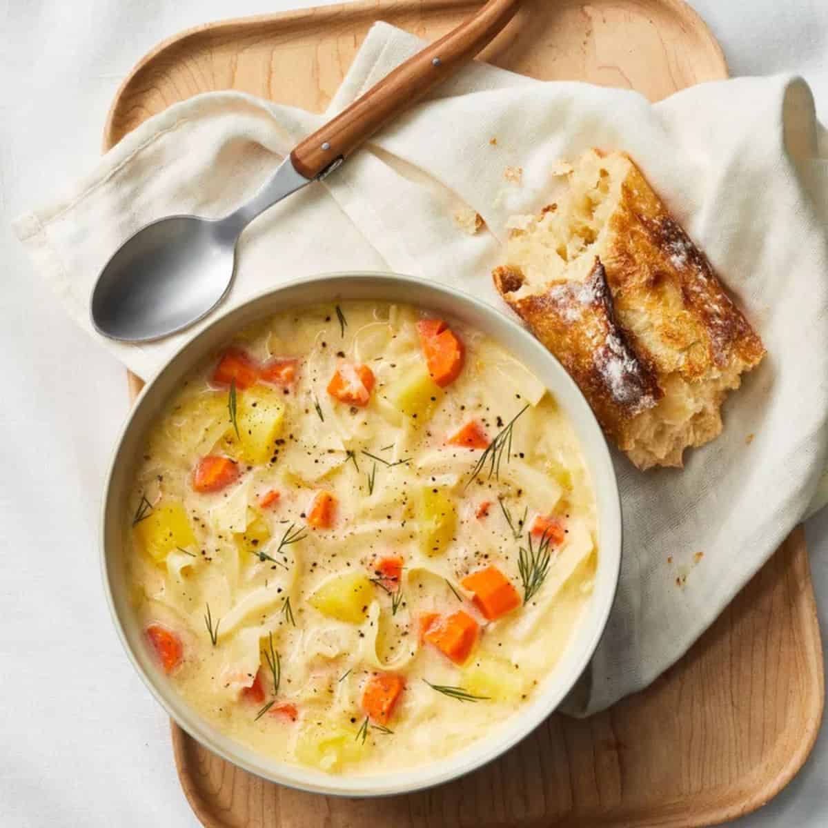 A hearty treat with creamy potato cabbage soup.