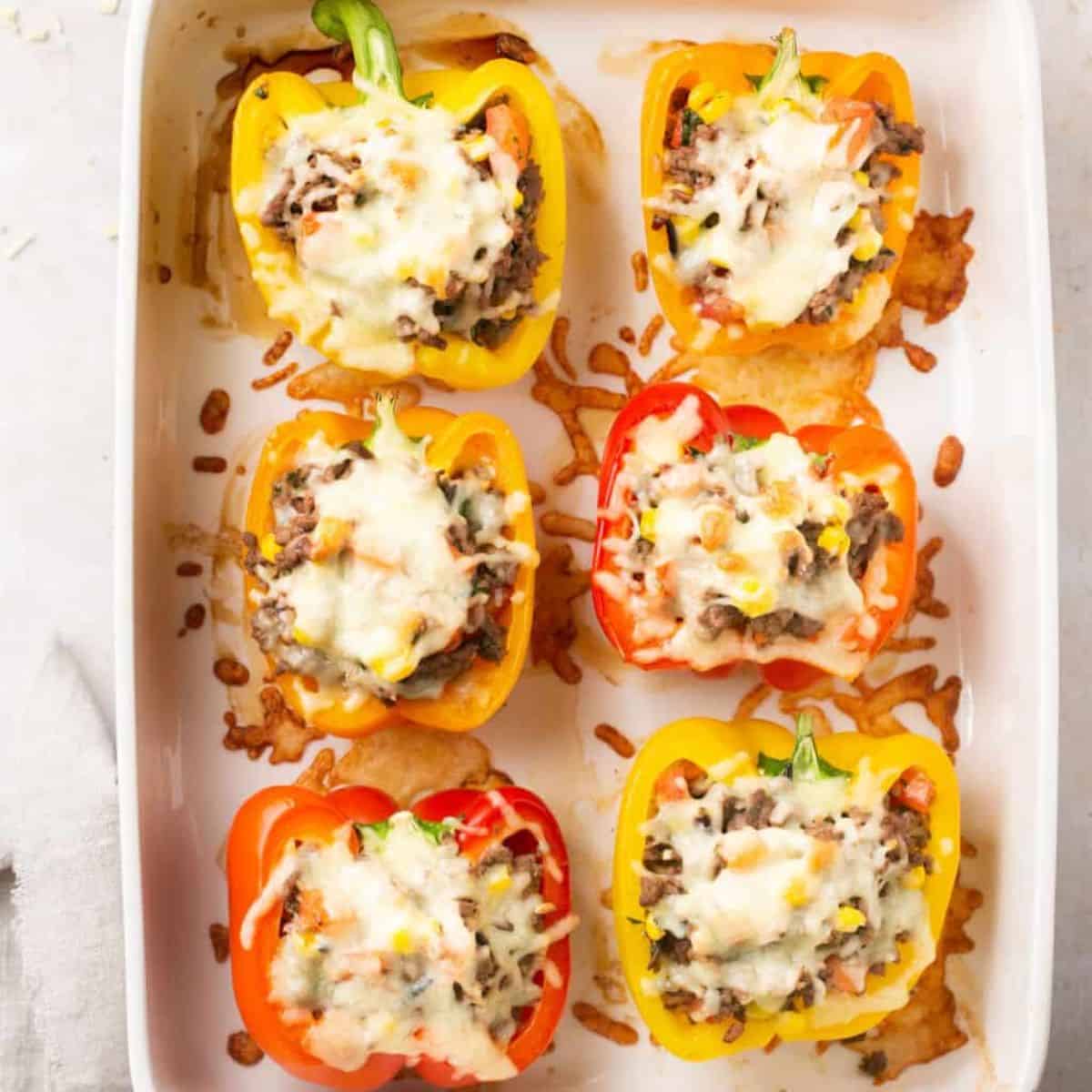 Flavorful ground beef stuffed bell peppers stuffed in a deep dish. 