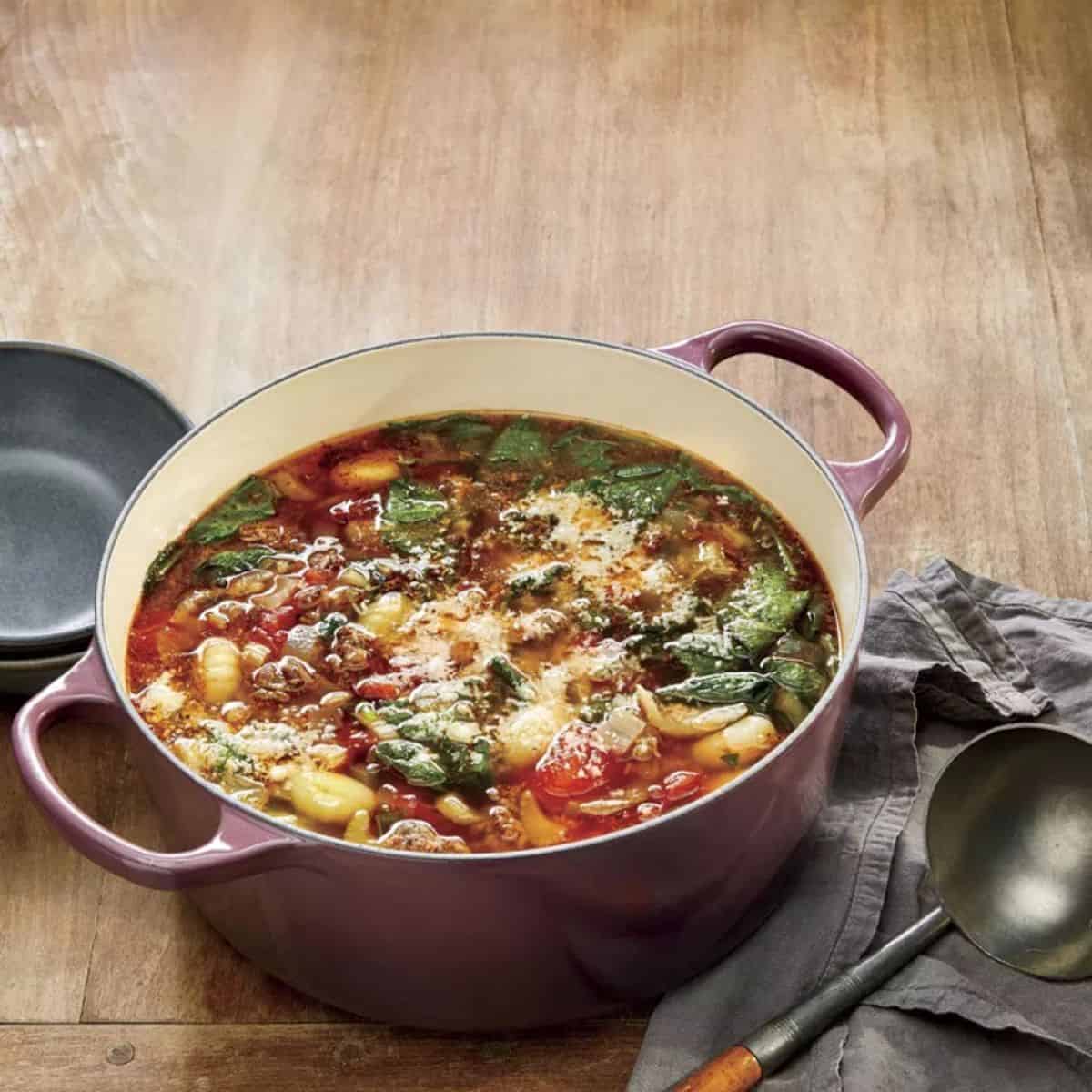 A warming delight featuring ground beef vegetable soup with gnocchi.