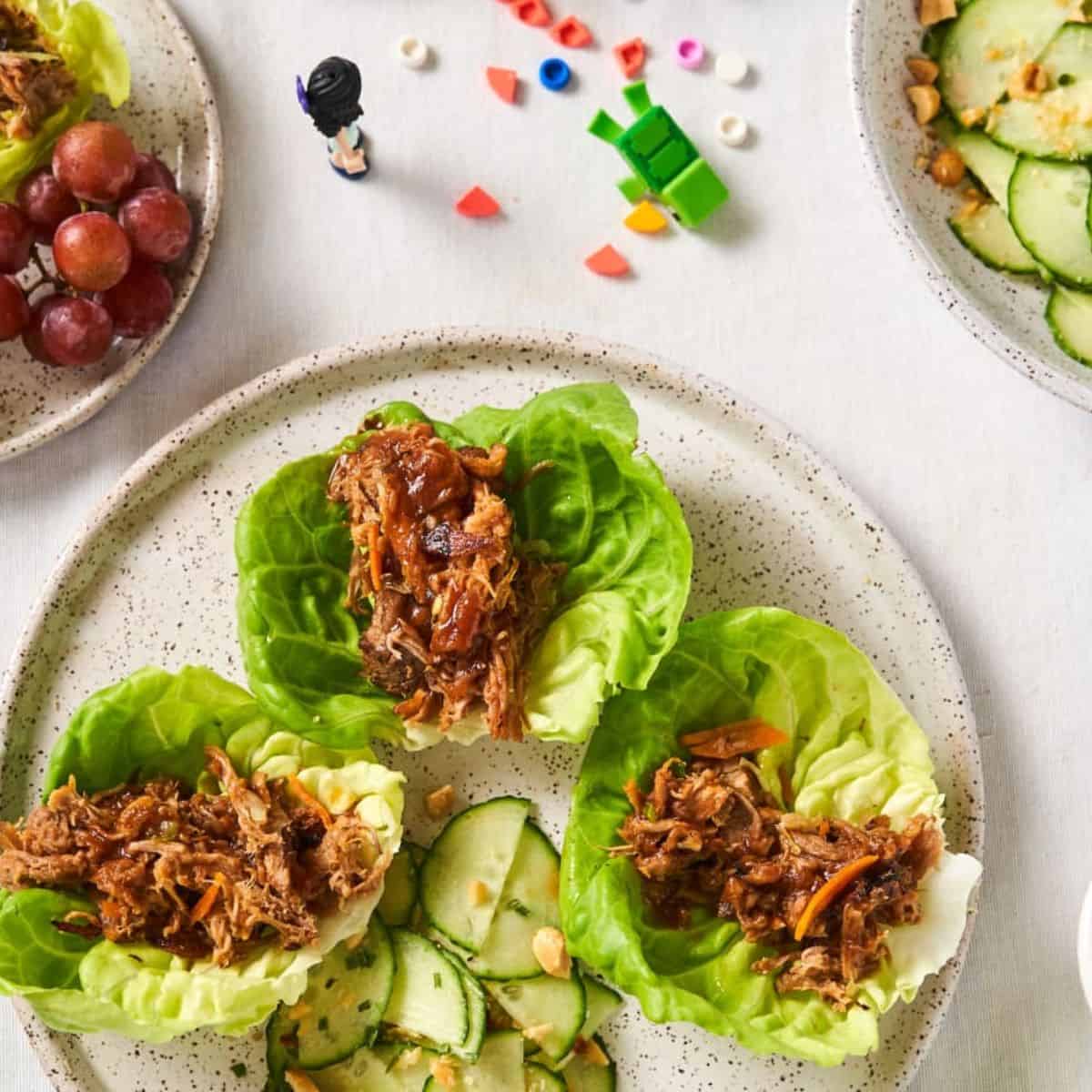 A flavorful meal with pulled pork lettuce wraps in plate. 