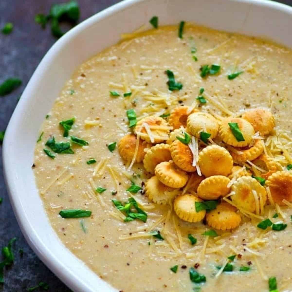 A hearty treat with roasted cream of cauliflower parmesan soup.