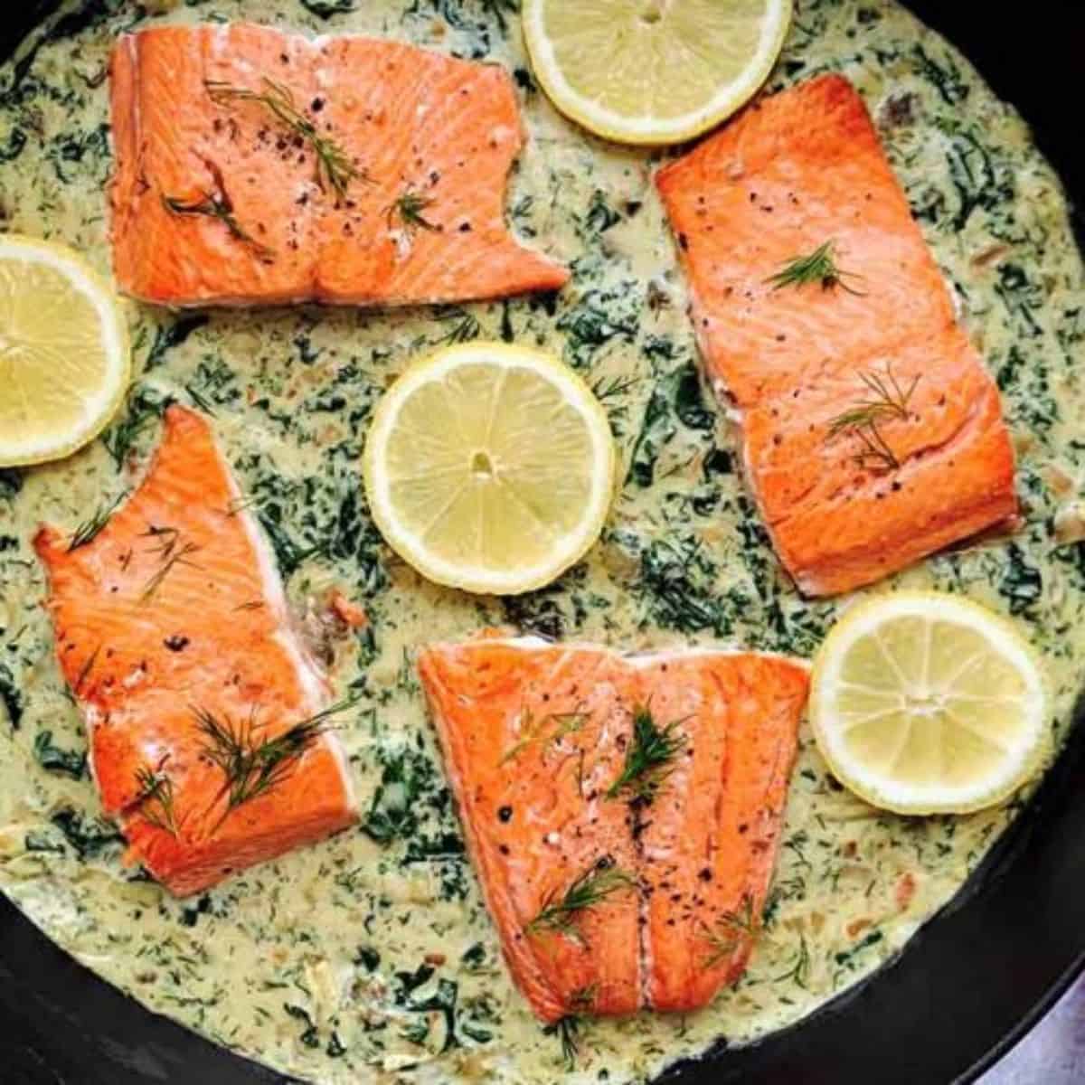 A yummy meal with salmon and mustard dill cream sauce. 