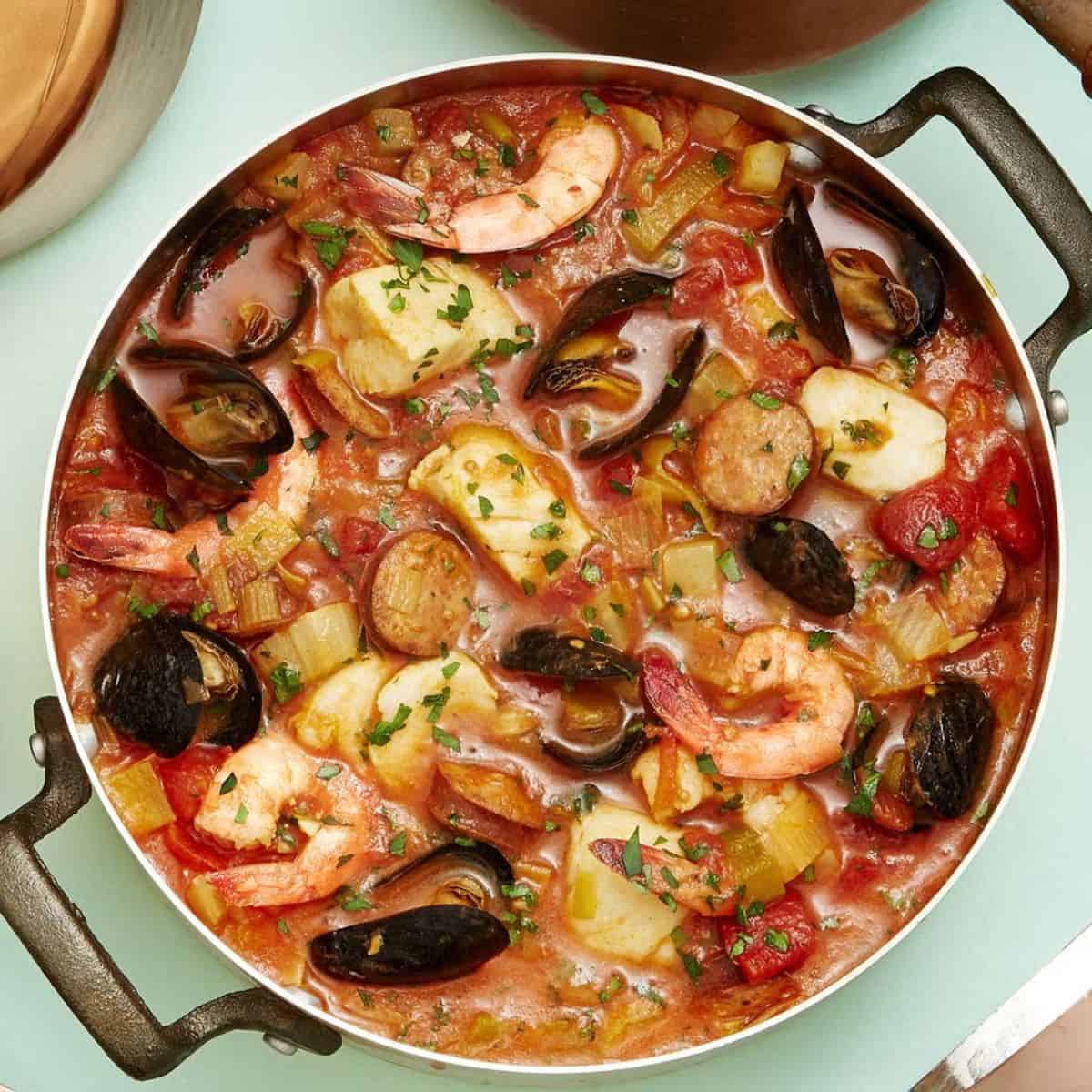 A hearty treat with seafood and sausage stew.
