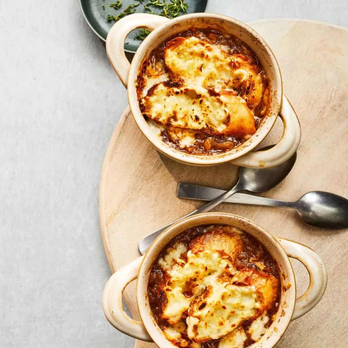A warming delight featuring slow cooker french onion soup.