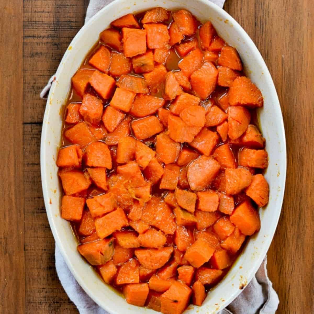 A sweet delight with sticky sweet candied sweet potatoes.