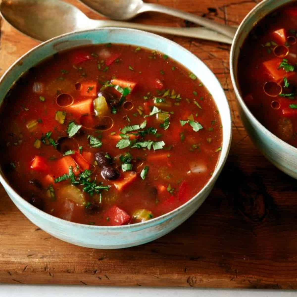 A hearty treat with vegan black bean and sweet potato soup.