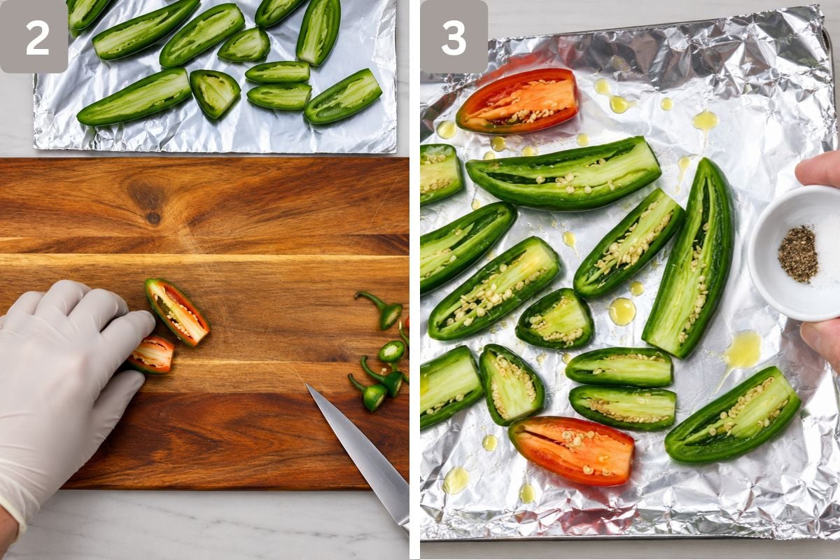jalapenos sliced lengthwise and olive oil with salt and pepper added