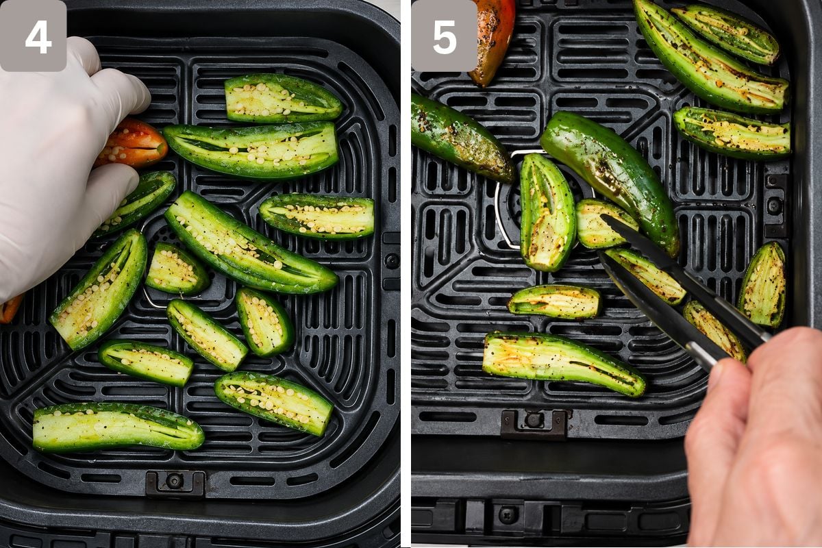 jalapenos in a single layer in air fryer basket and flipped halfway through cooking