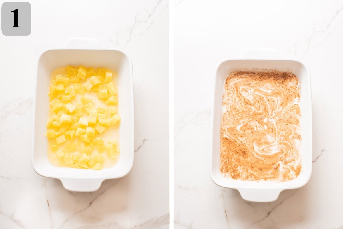 Pour crushed pineapple with juice into a dish, add coconut milk, vanilla, and cinnamon, and spread without mixing.