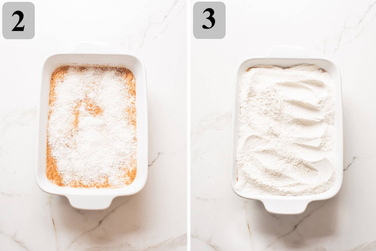 Evenly sprinkle coconut over the pineapple, then add the dry cake mix on top without stirring.