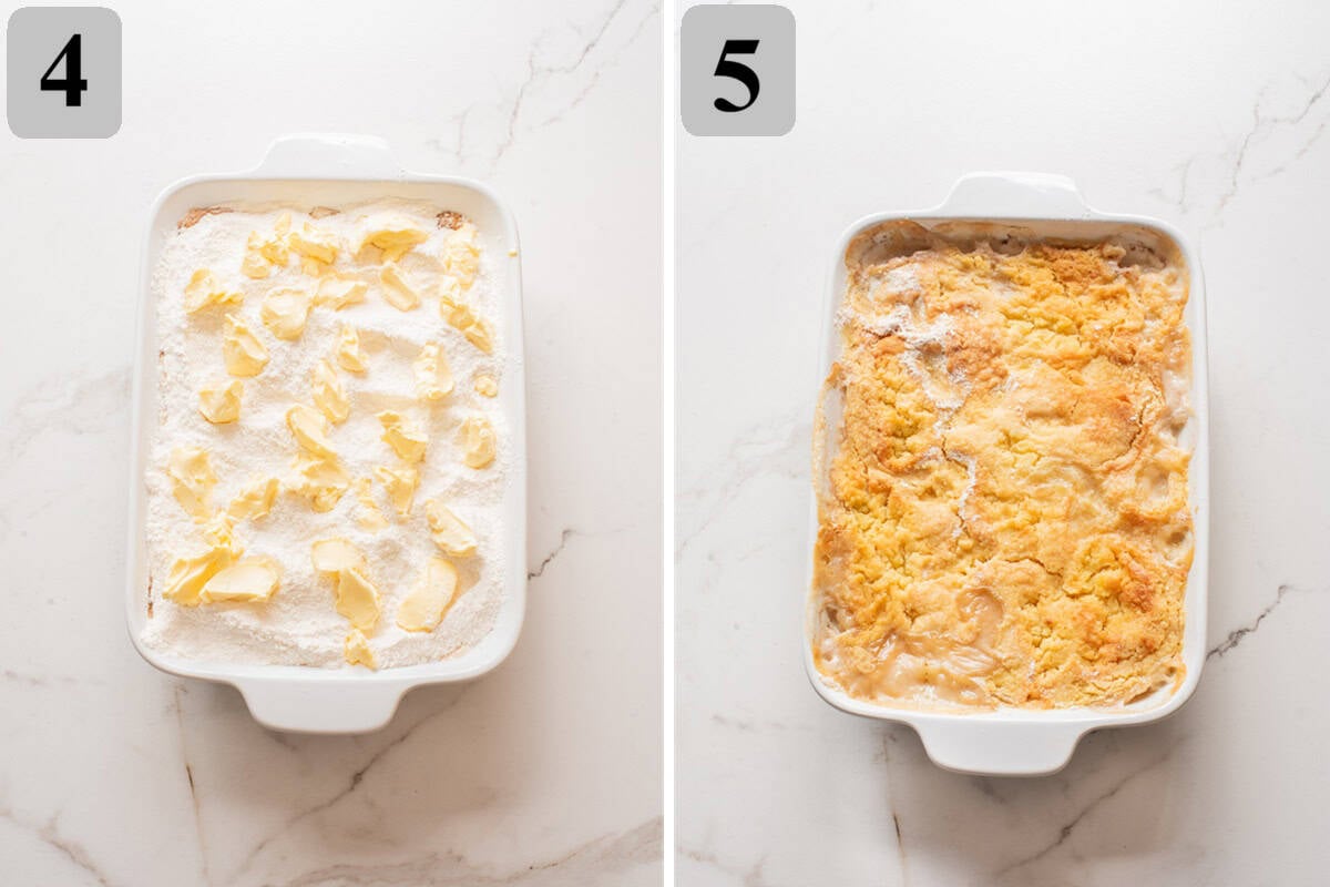 Layer butter slices over the dry mix, then bake 40–45 minutes until deeply golden and bubbling.