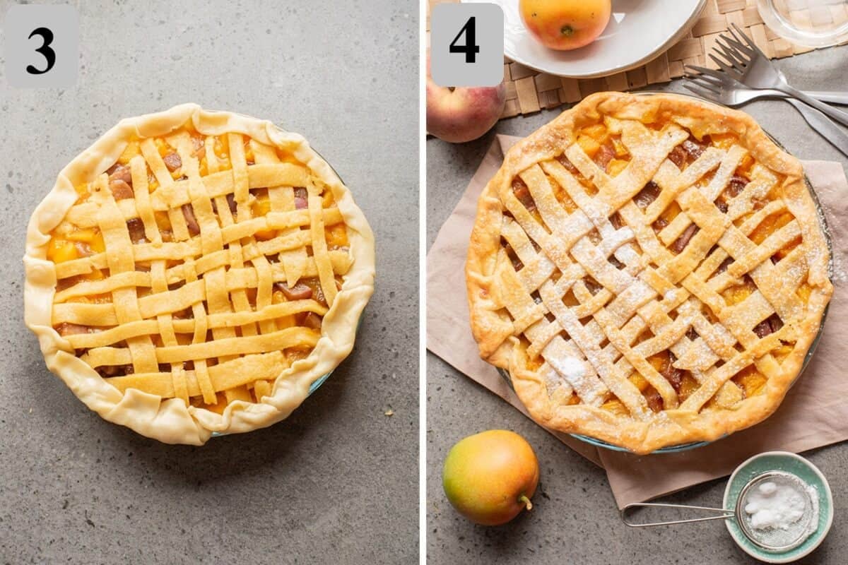 Braid crust strips, arrange over the pie, brush with egg wash, and bake 40–45 minutes until golden and bubbling.