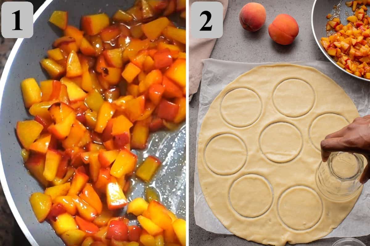 Cook peaches with sugar, cornstarch, and lemon until thick, cool, then cut pie crust circles.