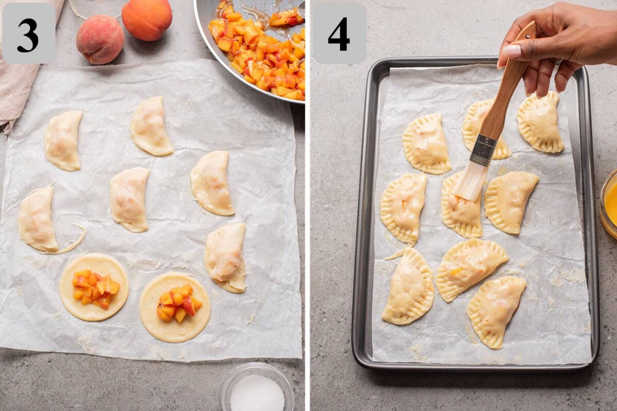 Fill each circle, fold and seal, cut a vent, then place on a lined sheet, brush with egg wash, and sprinkle with sugar.