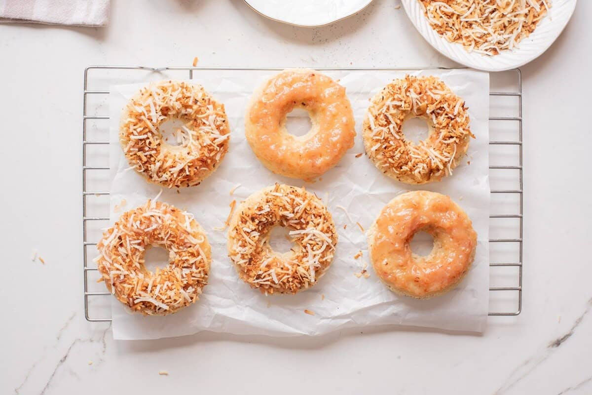 Let toasted coconut donuts sit for 10 minutes before serving.
