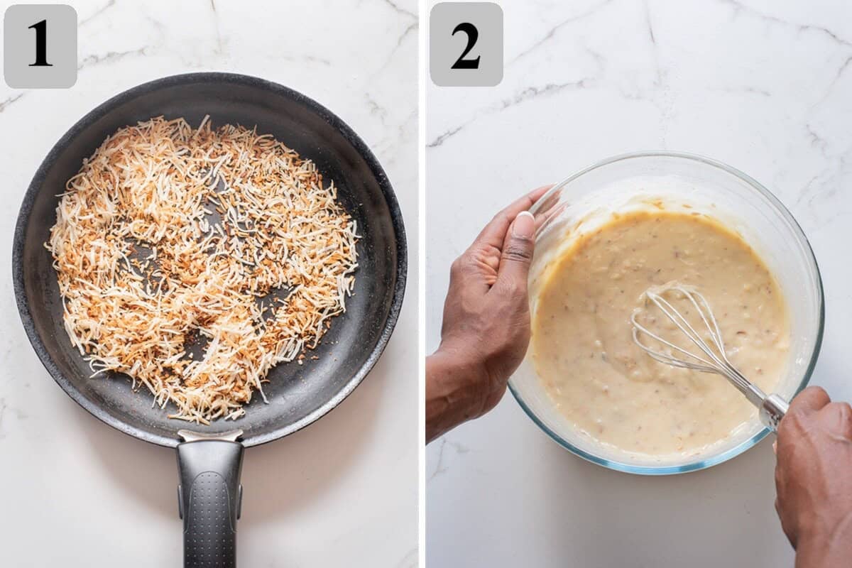 Toast coconut until golden, mix dry ingredients, whisk wet ingredients, then combine gently until just mixed.