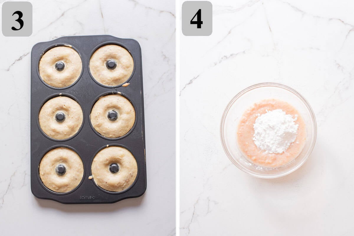 Fill donut wells ¾ full, bake 10–12 minutes until lightly golden, cool, then whisk lychee purée with powdered sugar into a smooth glaze.