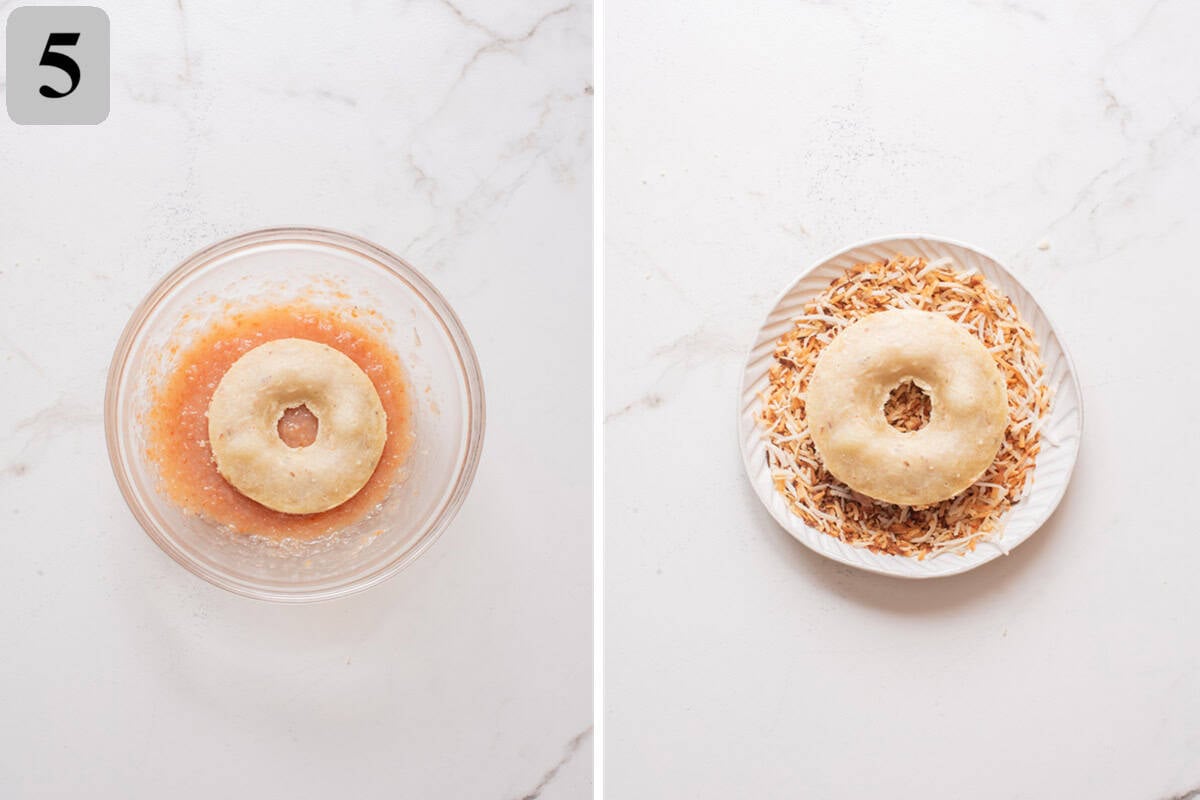 Dip cooled donuts in glaze and immediately top with toasted coconut.