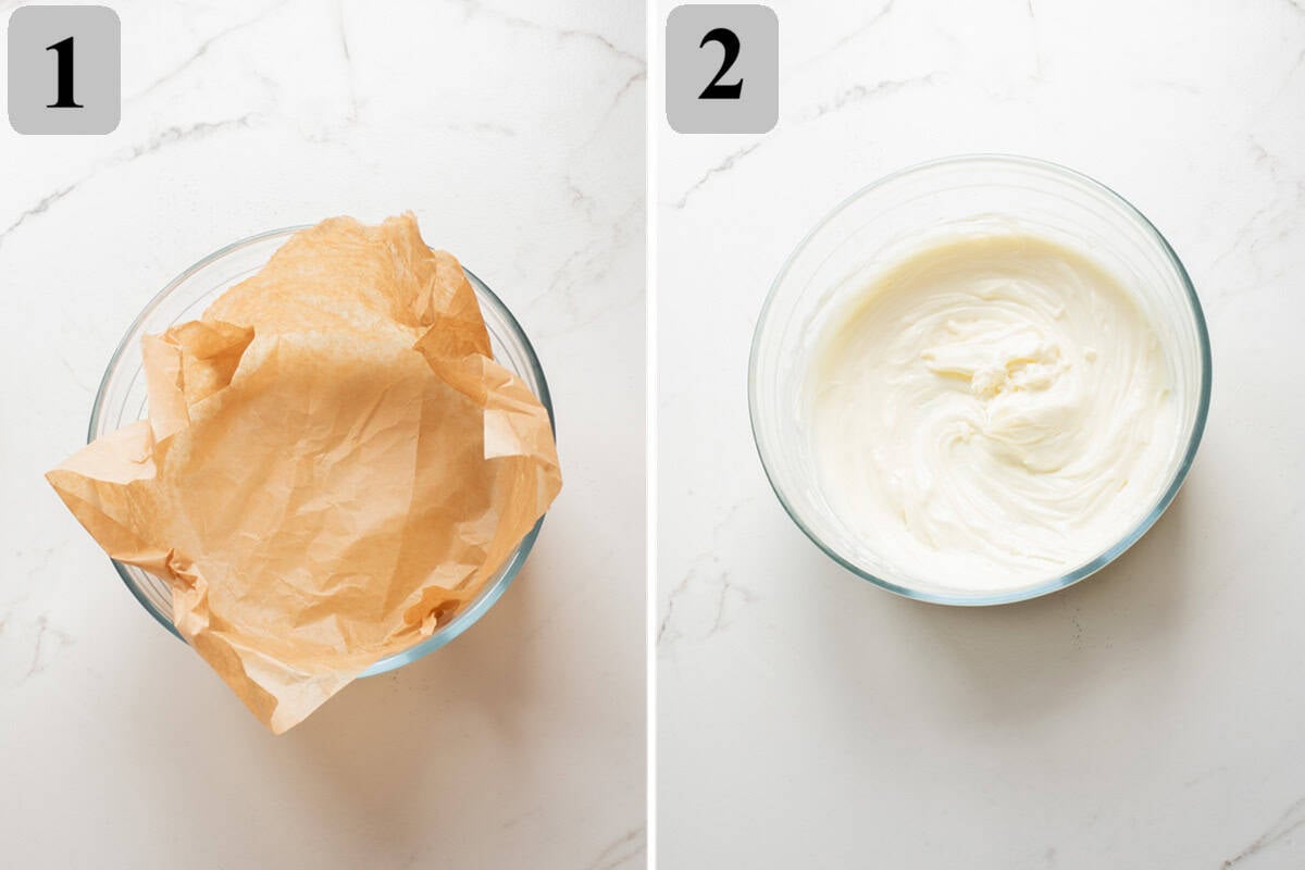 Line the pan with crinkled parchment, then beat cream cheese and sugar until smooth and lump-free.