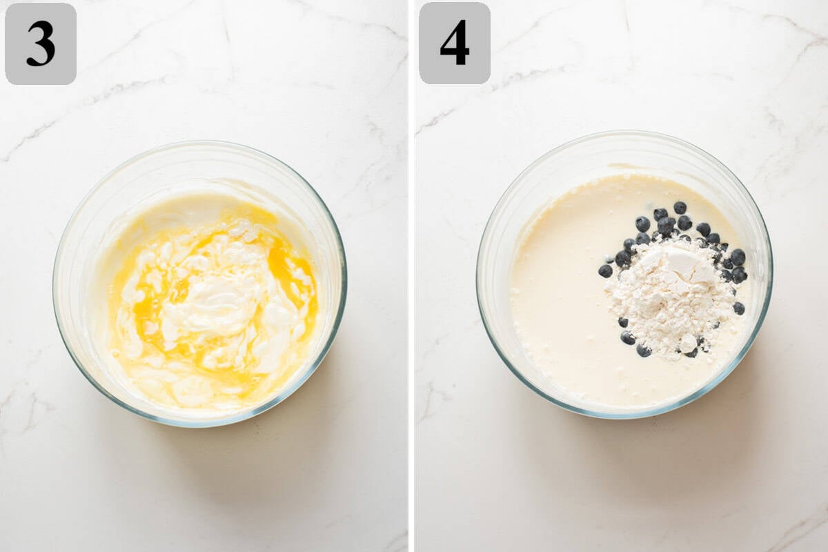 Beat in eggs one at a time, add cream and vanilla, then gently fold in blueberries, flour, and salt.