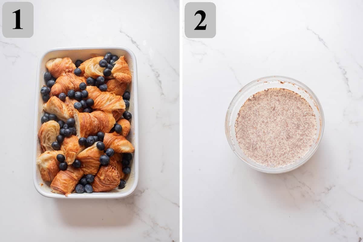 Add croissant pieces and blueberries to a greased dish, then whisk eggs, milk, cream, sugar, vanilla, and cinnamon.