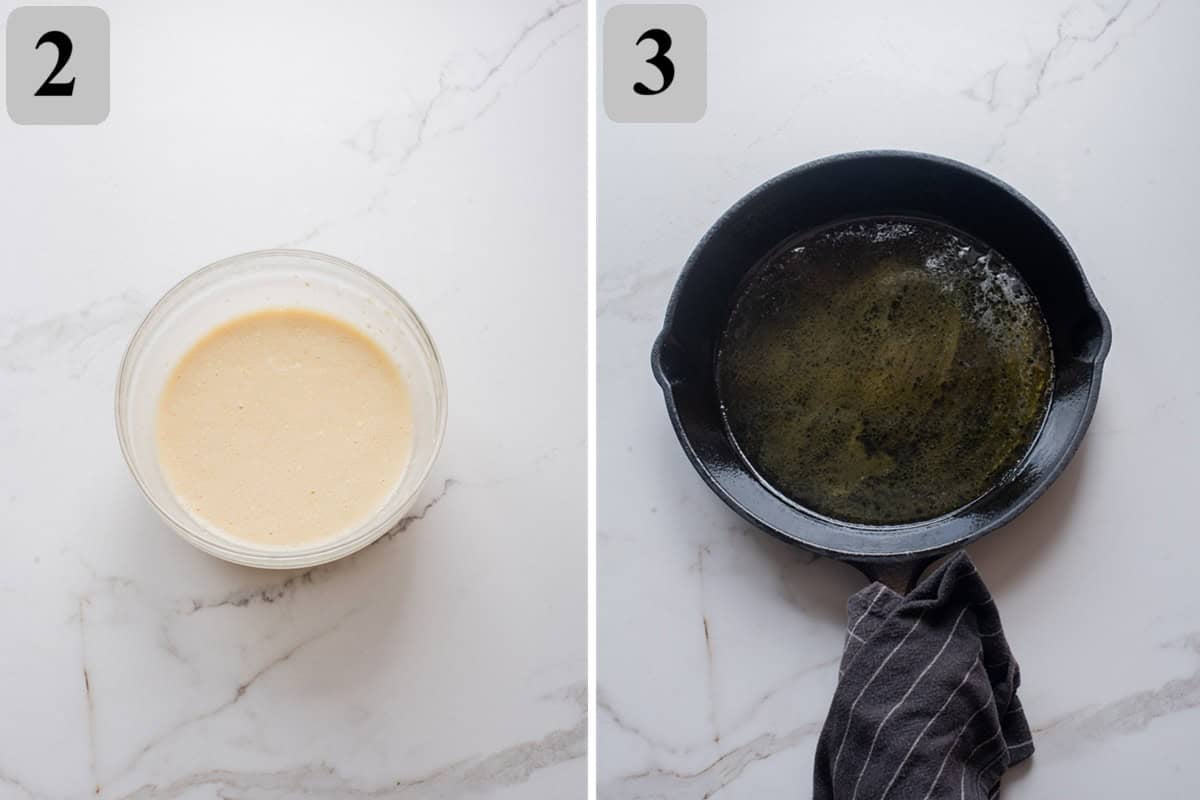 Blend eggs, flour, milk, sugar, vanilla, and zest until smooth, then melt butter in the hot skillet until bubbling.