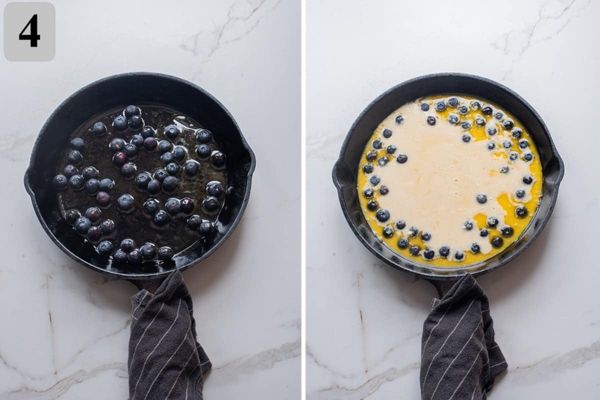 Scatter the blueberries evenly over the bottom of the skillet. Pour the batter directly into the center of the pan.