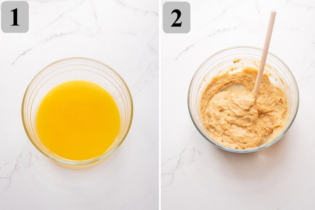 Whisk butter and brown sugar, add egg and vanilla, then fold in dry ingredients until just combined.