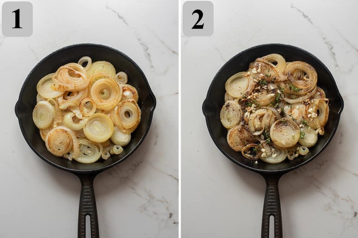 Melt butter, cook onions until soft, add sugar and seasonings to caramelize, then finish with garlic, thyme, and balsamic.