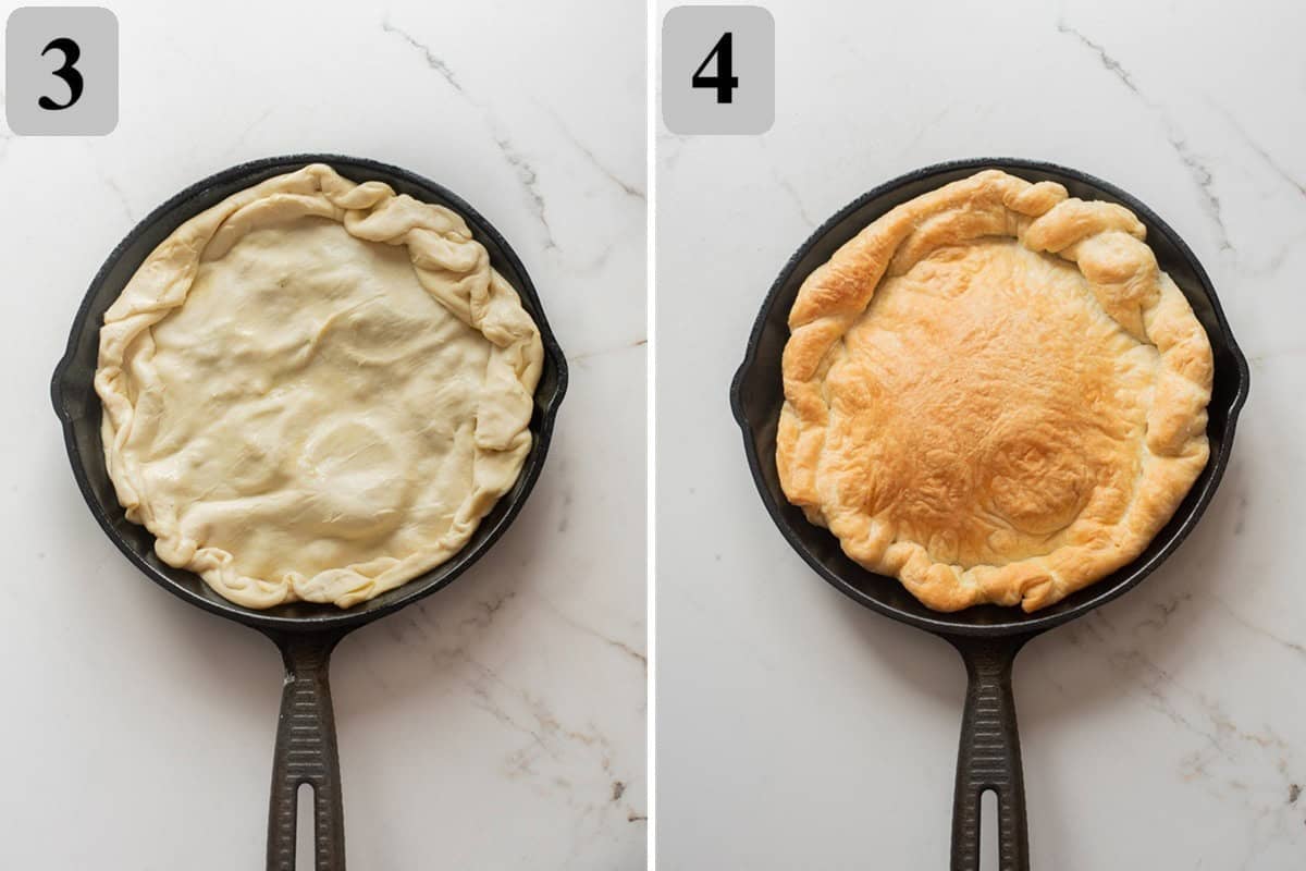 Drape puff pastry over the onions, tuck the edges, and bake until puffed and golden.