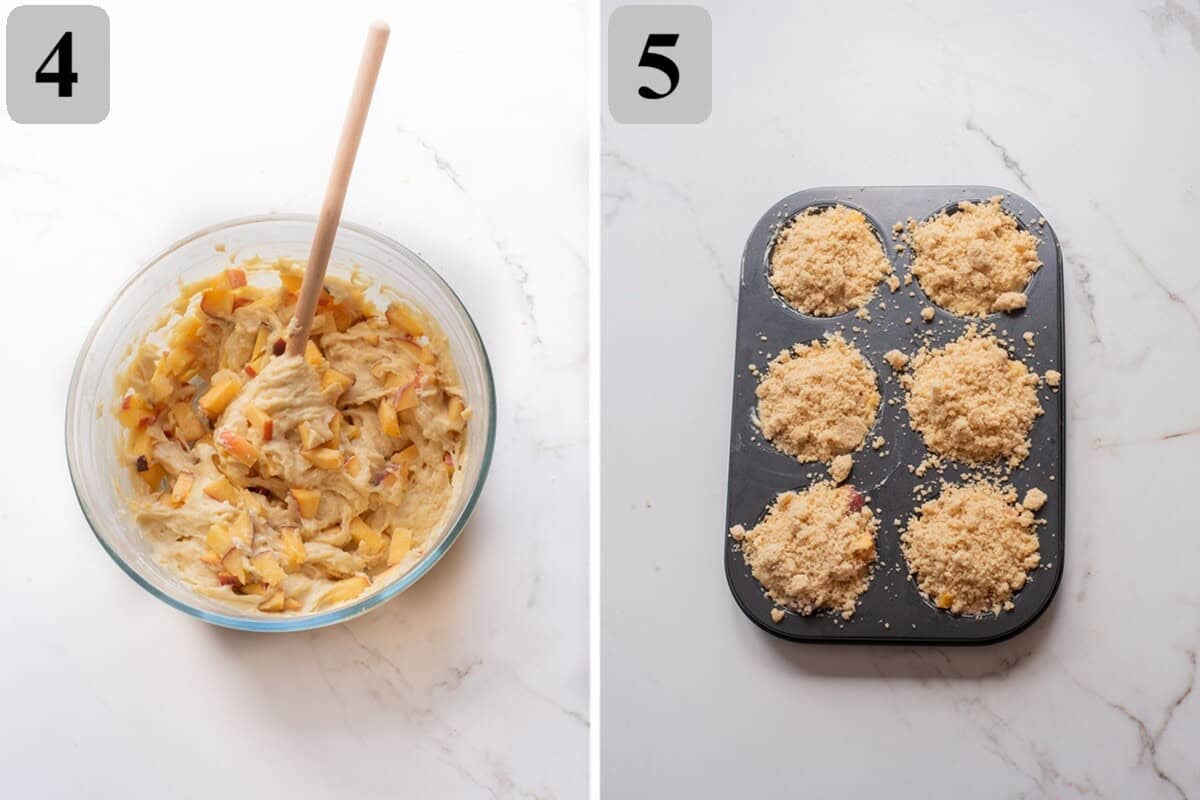 Fold in peaches, fill muffin cups and top with streusel.