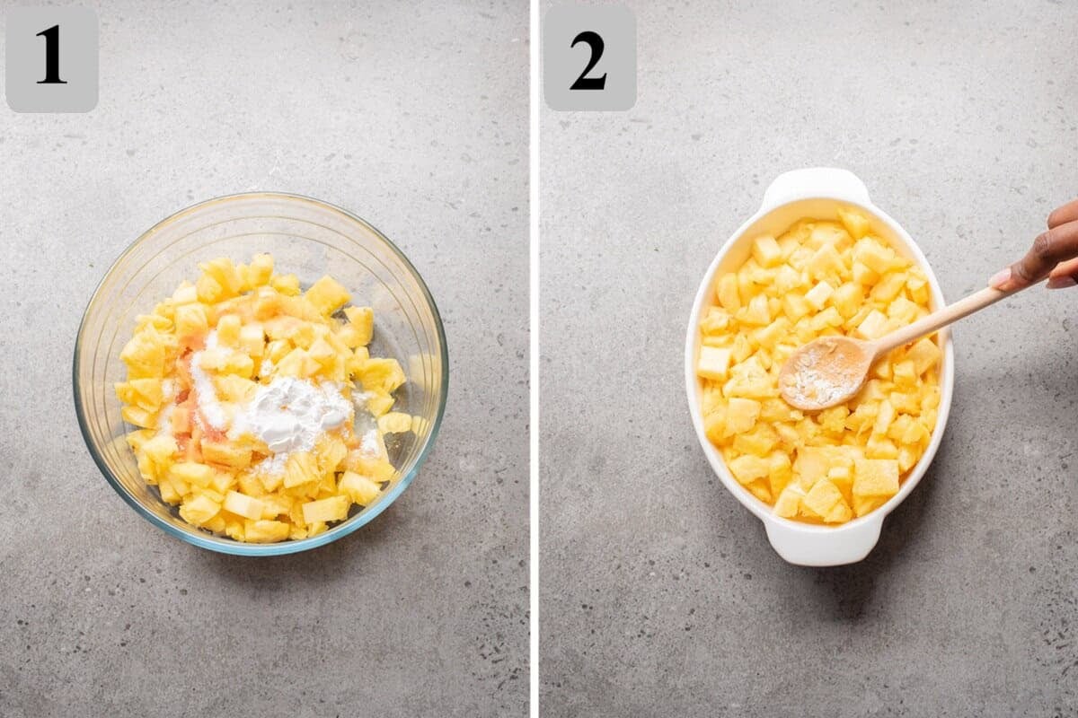 Mix pineapple with sugar, cornstarch, lemon, and vanilla, then spread into an 8-inch dish.
